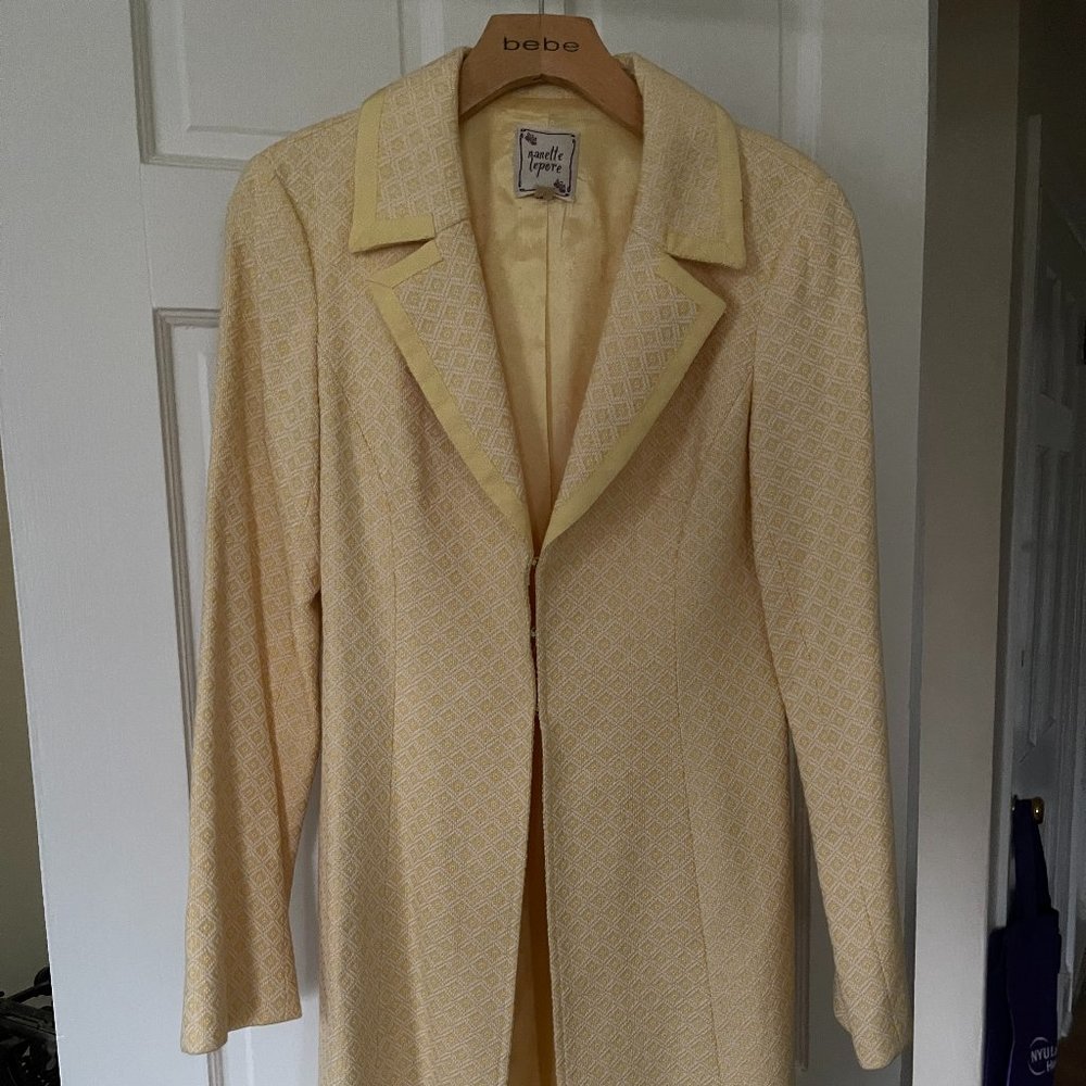 Nanette Lepore Yellow and White Diamond Patterned Spring Jacket Duster Coat Sz 6